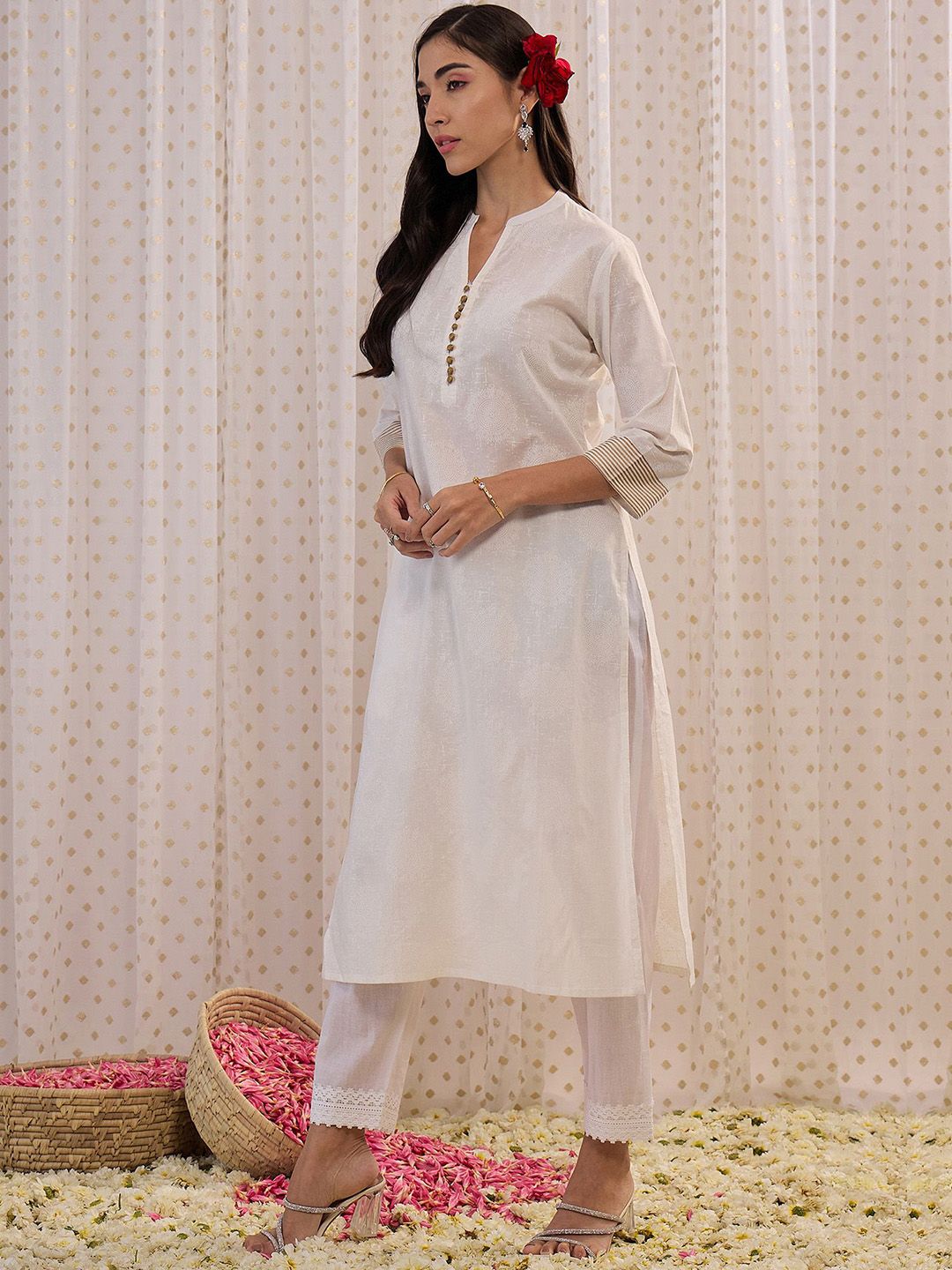 Indo Era Off White Ethnic Mandarin Collar Motifs Printed Cotton Straight Kurta