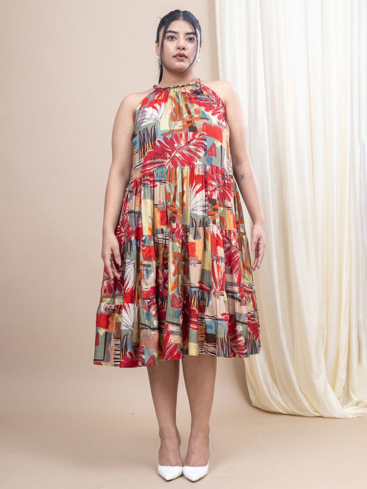 Mamicha Floral Printed Halter Neck Fit & Flare Cotton Dress