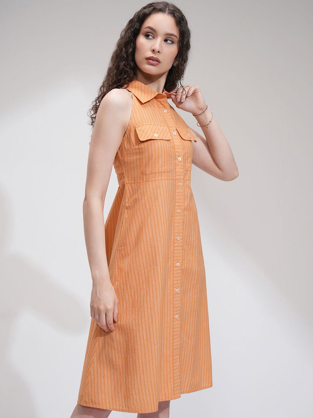 Tokyo Talkies Women Striped Sleeveless Shirt Dress
