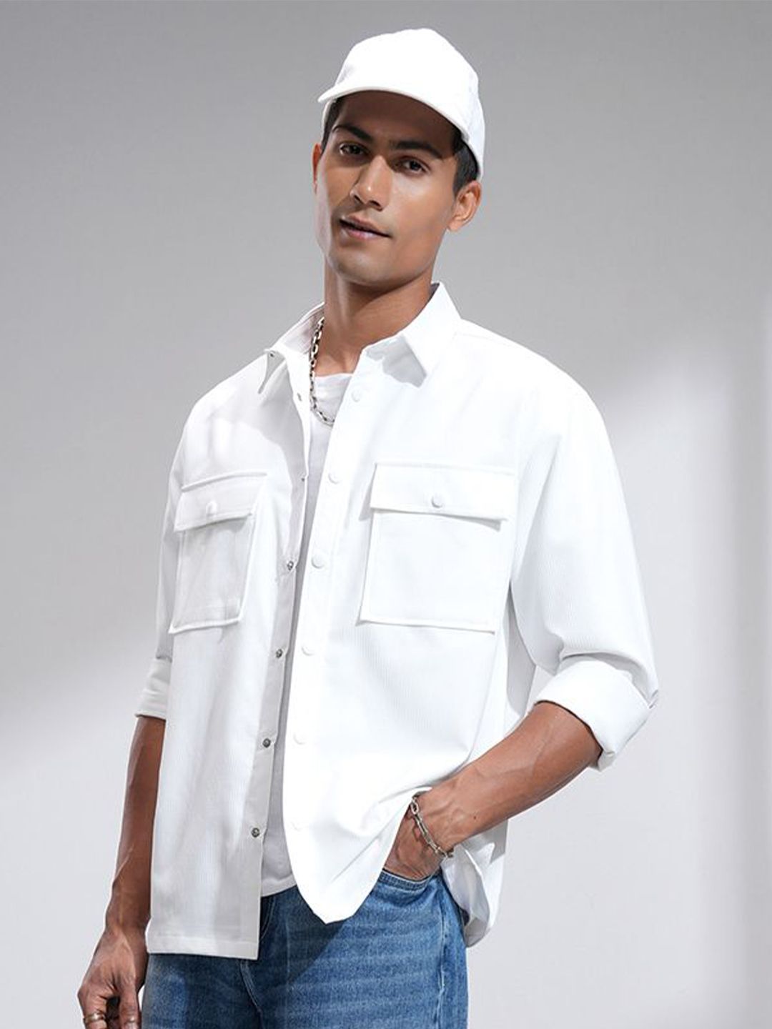 Locomotive Men Popcorn Dobby Textured Utility Pocket Oversized Overshirt