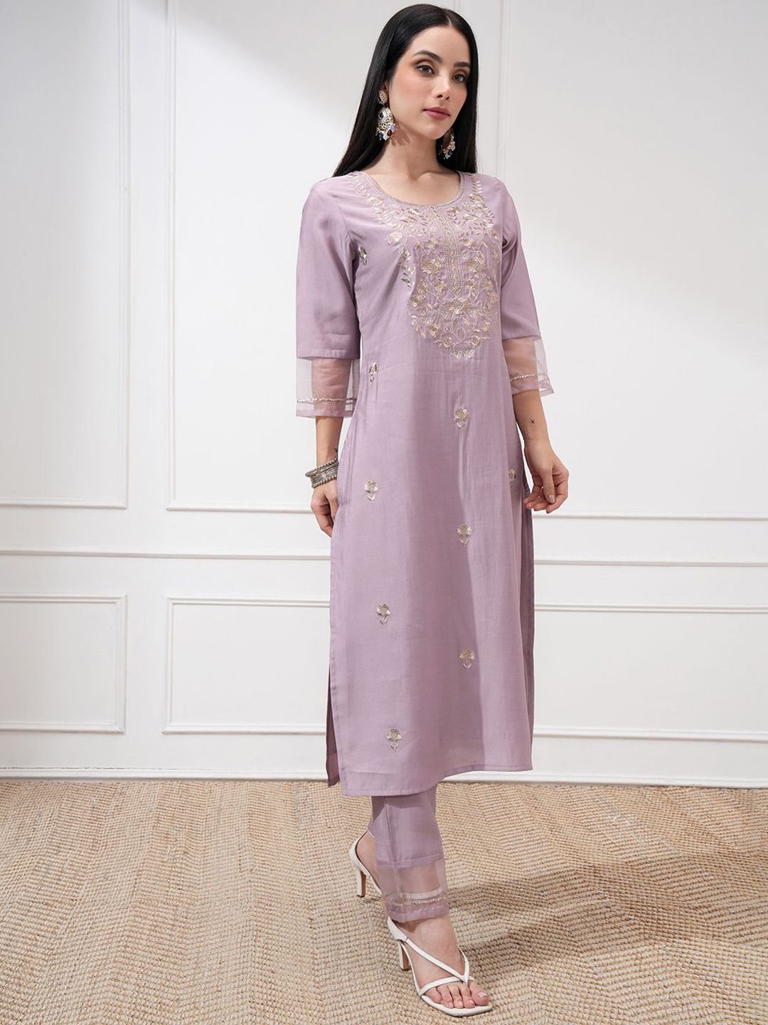 Vishudh Women Embroidered New Roman Kurta with Bottom and Nylon Organza Dupatta