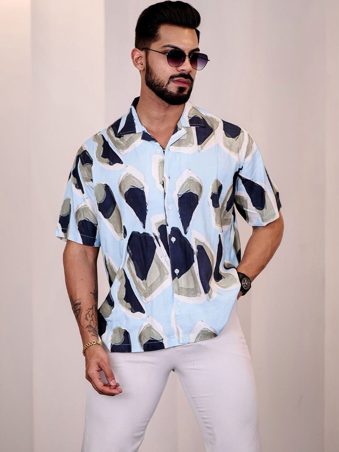Eszett Men Abstract Printed Cuban Collar Casual Shirt