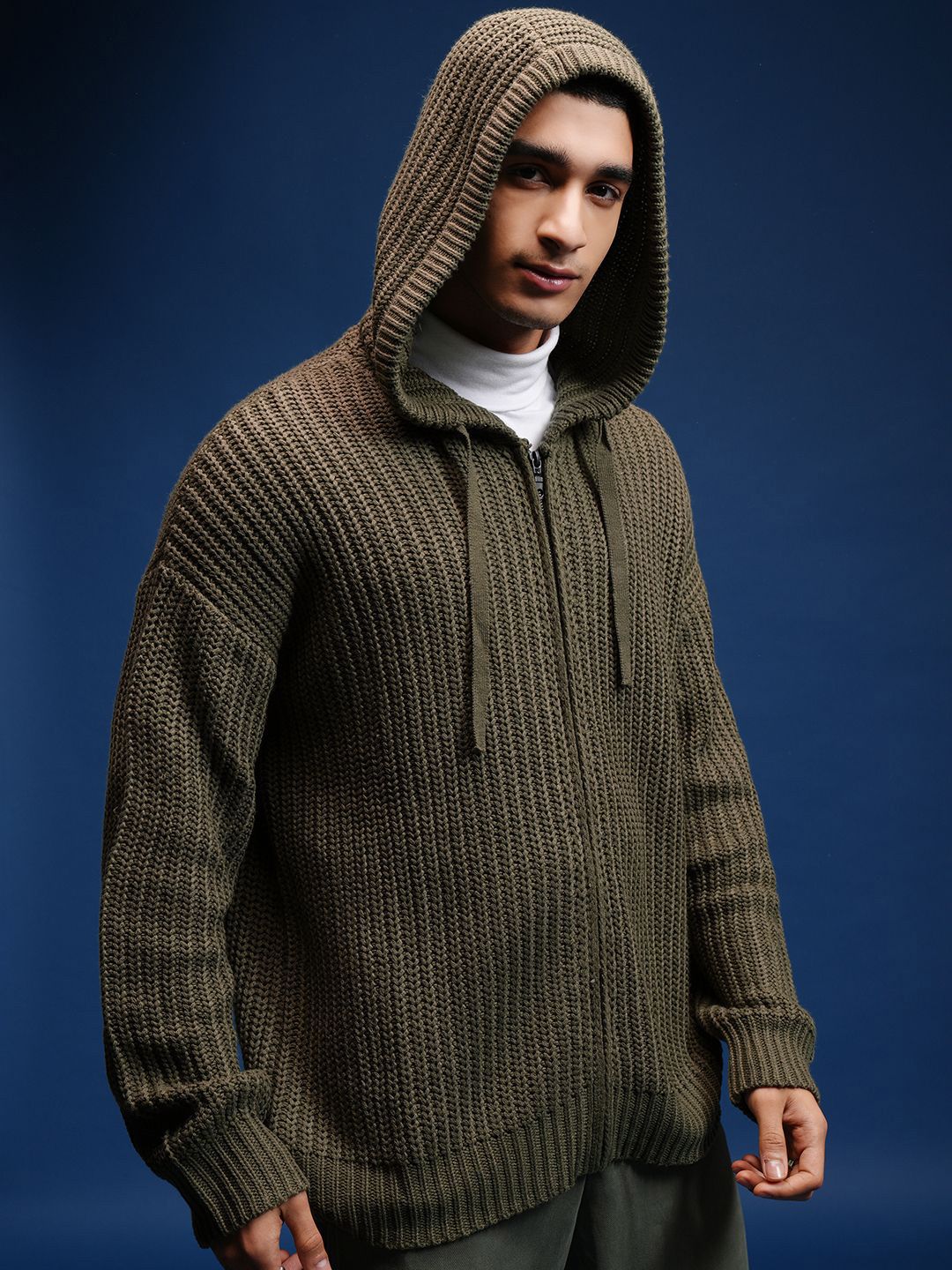 HIGHLANDER Men Cable Knit Hooded Cardigan With Zip Detailed