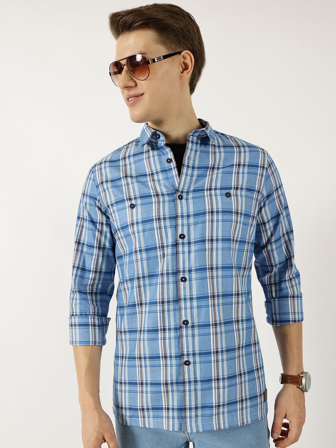 Thomas Scott Men Classic Spread Collar Tartan Checked Cotton Slim Fit Casual Shirt