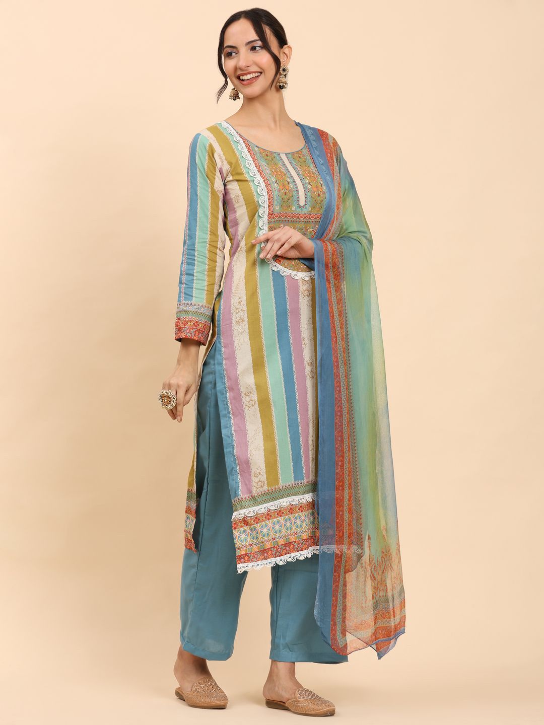 Mamicha Women Striped Printed Kurta With Trousers And Dupatta