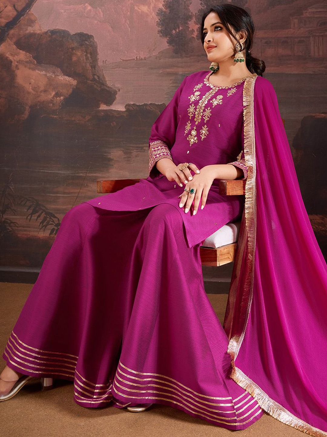 House of Pataudi Floral Embroidered Straight Kurta & Sharara with Dupatta