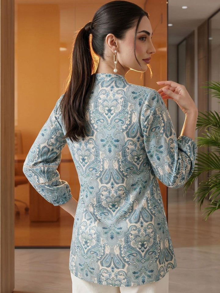 Mamicha Print Mandarin Collar Bishop Sleeves Cotton Top