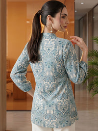 Mamicha Print Mandarin Collar Bishop Sleeves Cotton Top