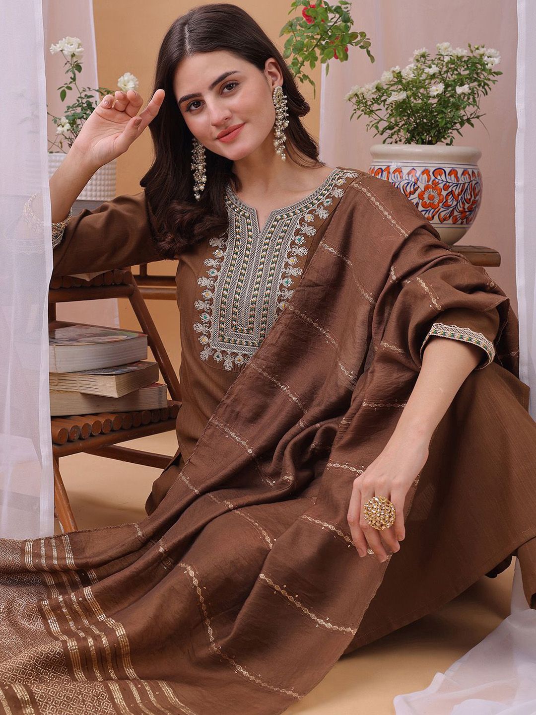 KALINI Yoke Design Sequinned Straight Kurta With Trousers And Dupatta