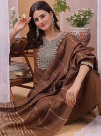 KALINI Yoke Design Sequinned Straight Kurta With Trousers And Dupatta