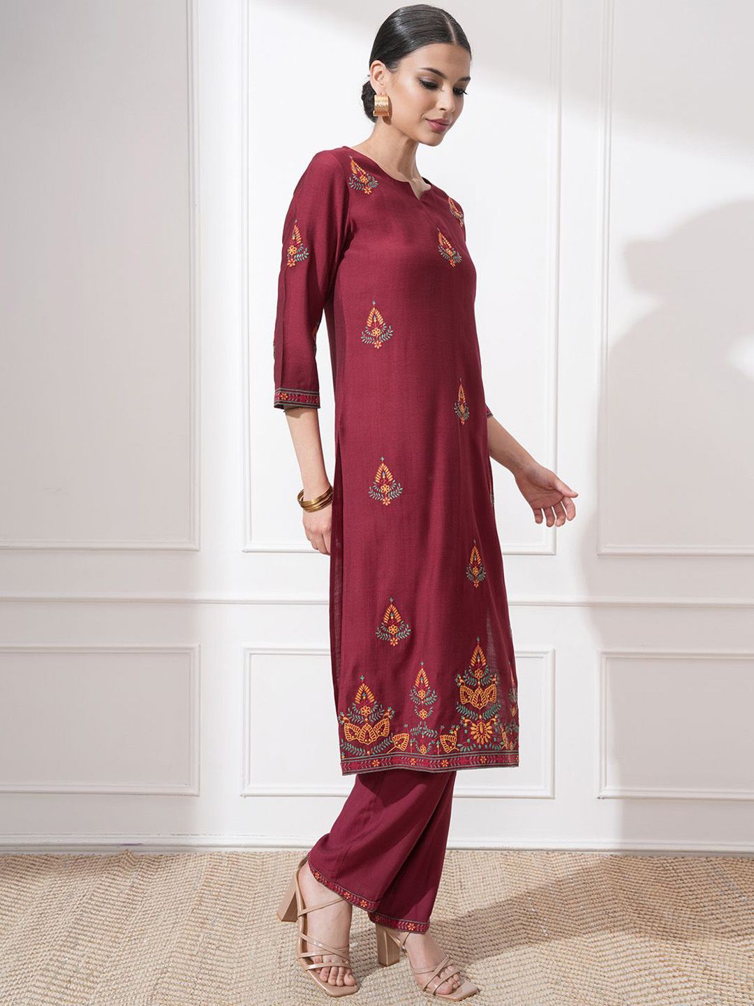 Vishudh Women Ethnic Motifs Embroidered Regular Thread Work Kurta with Trousers & With Dupatta