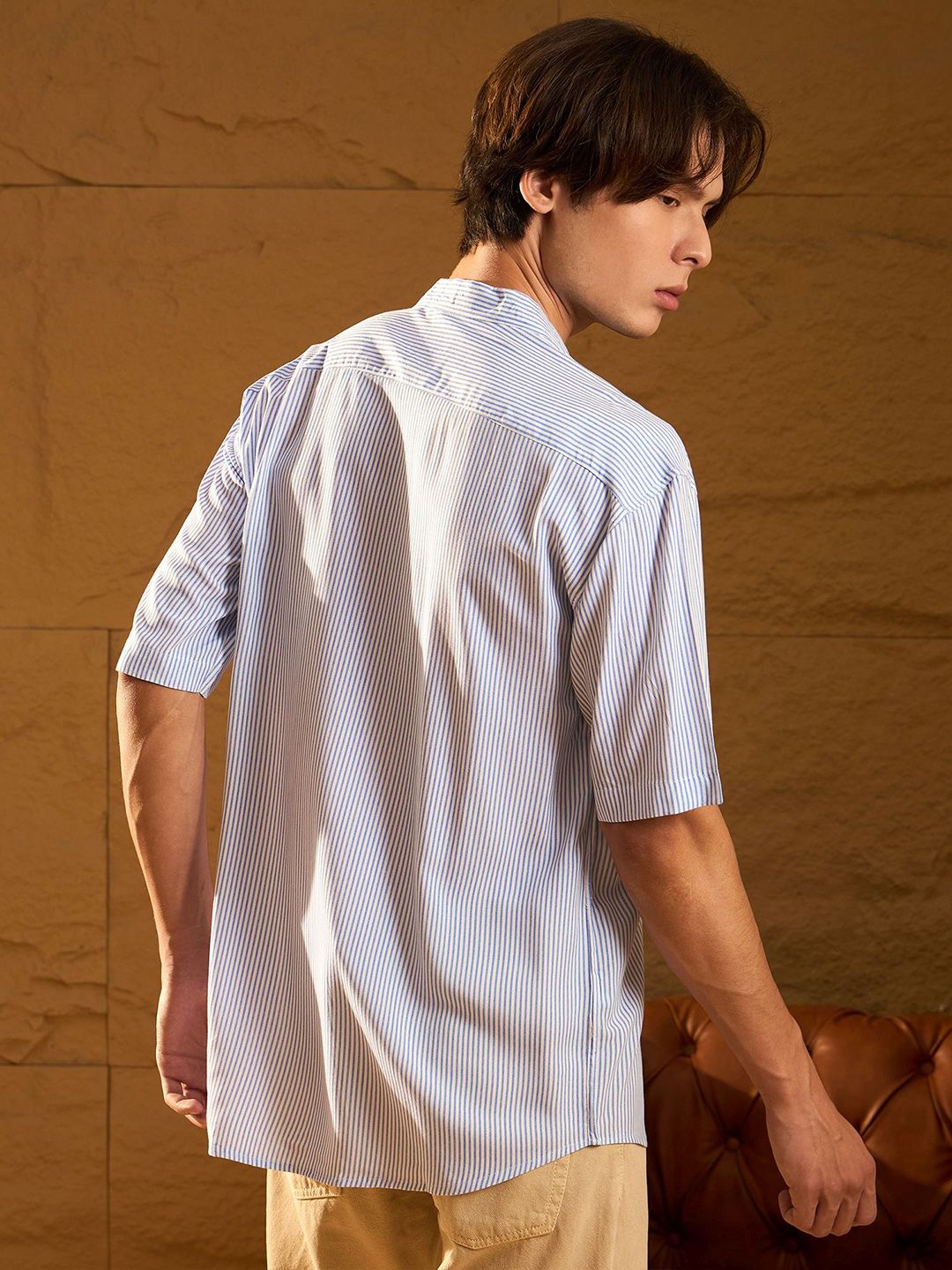 DENNISON Men Relaxed Cuban Collar Vertical Striped Oversized Casual Shirt