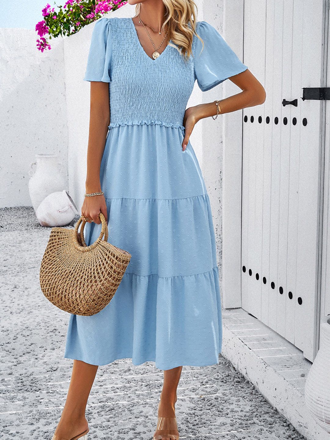 all about you Blue Flared V-Neck Flutter Sleeve Fit & Flare Midi Dress