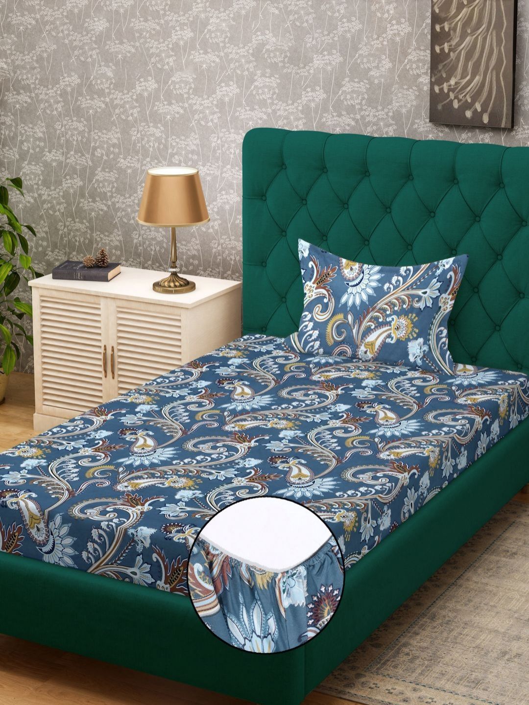KLOTTHE Premium Blue Ethnic Motif Cotton 300 TC Dilengkapi Cadar Bujang dengan Sarung Bantal-89 x 59 inci