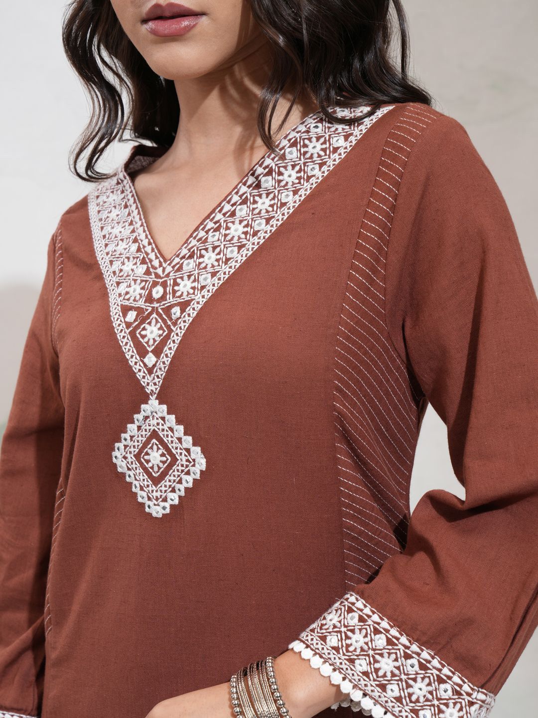 Vishudh Floral Embroidered V-Neck Panelled Mirror Work Kurta With Palazzos