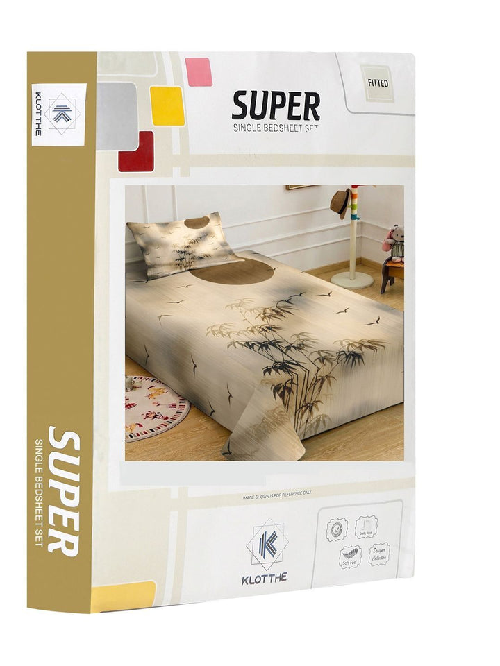 KLOTTHE Beige Floral Fitted 400 TC Single 7D Bedsheet with 1 Pillow Covers