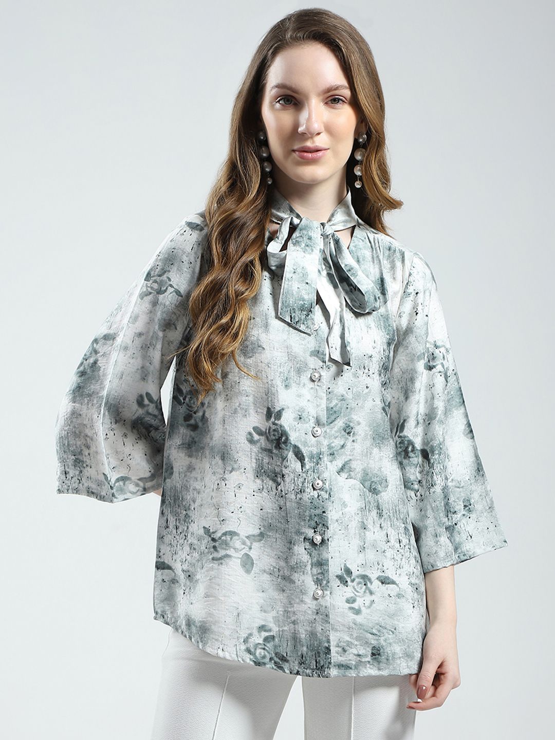 Monte Carlo Printed Tie-Up Neck Shirt Style Top