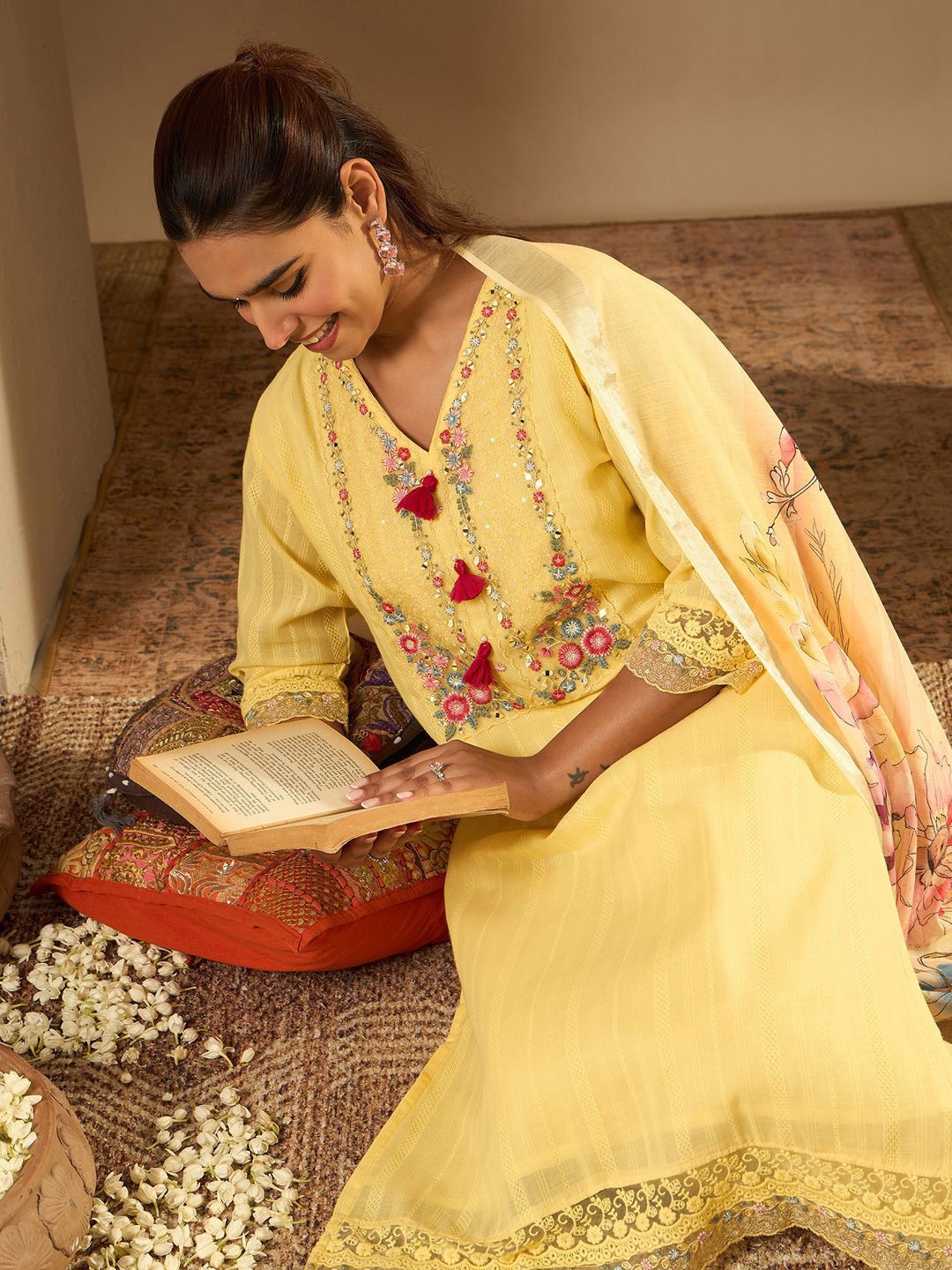 Indo Era Floral Embroidered Thread Work Pure Cotton Straight Kurta With Trousers & Dupatta