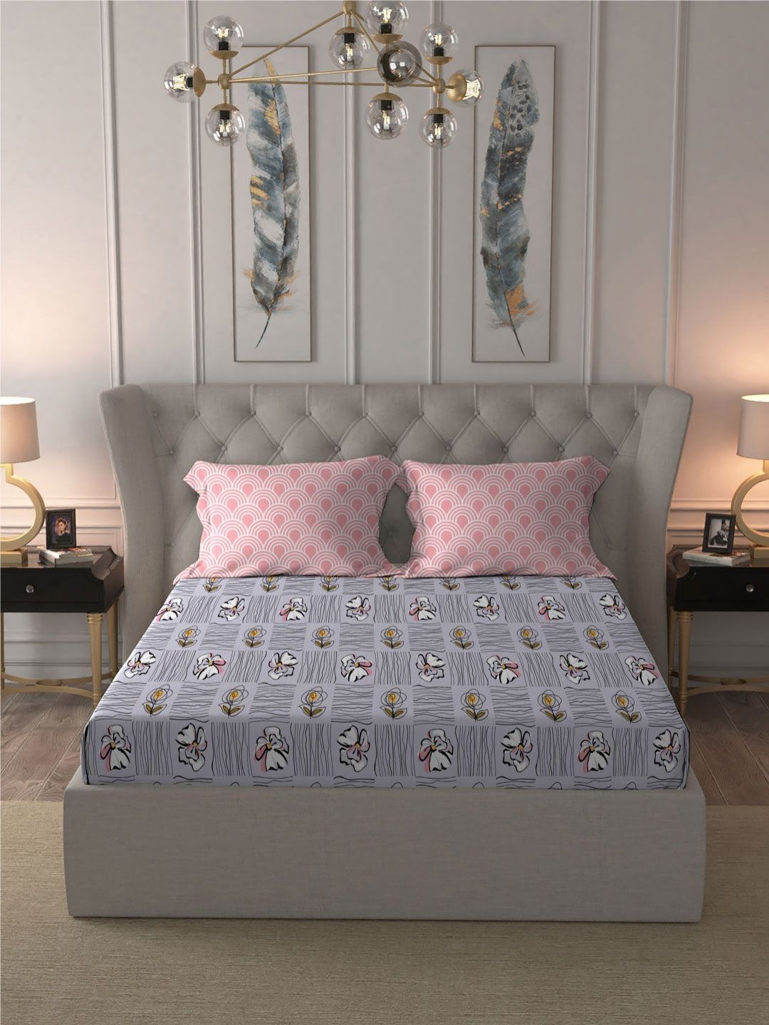 MYTRIDENT Moments Purple Floral Printed 120TC Pure Cotton Queen Bedsheet & 2 Pillow Covers