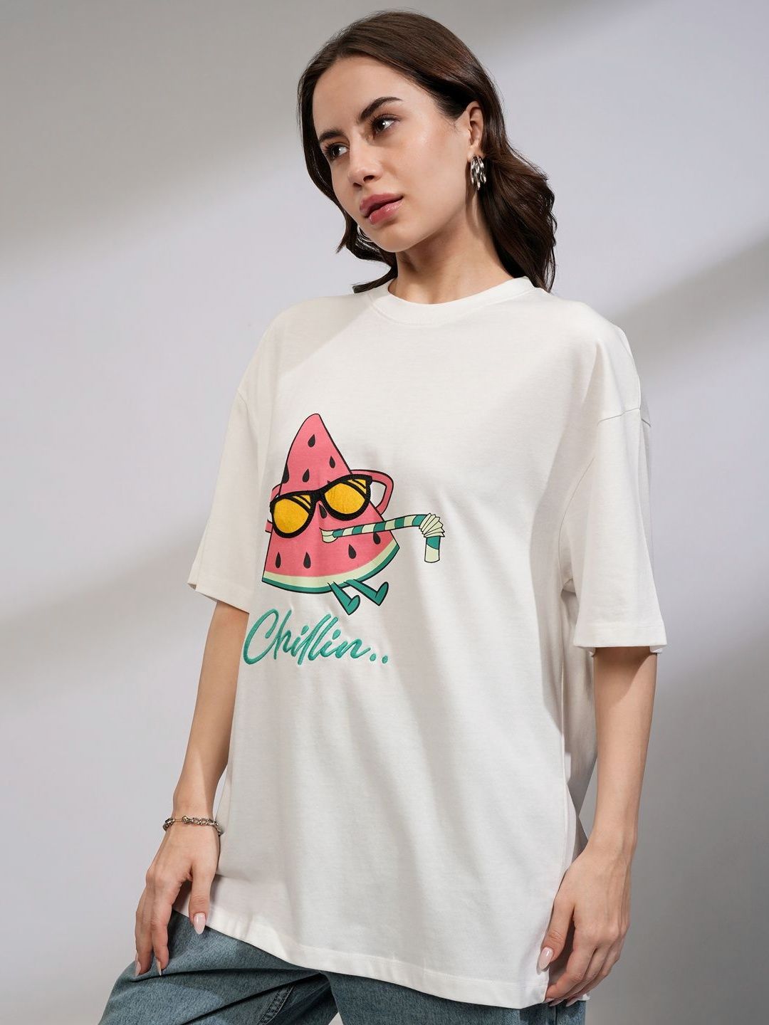 Street By Tokyo Talkies Women Solid Oversized Fit Chest and Back Print T-shirt