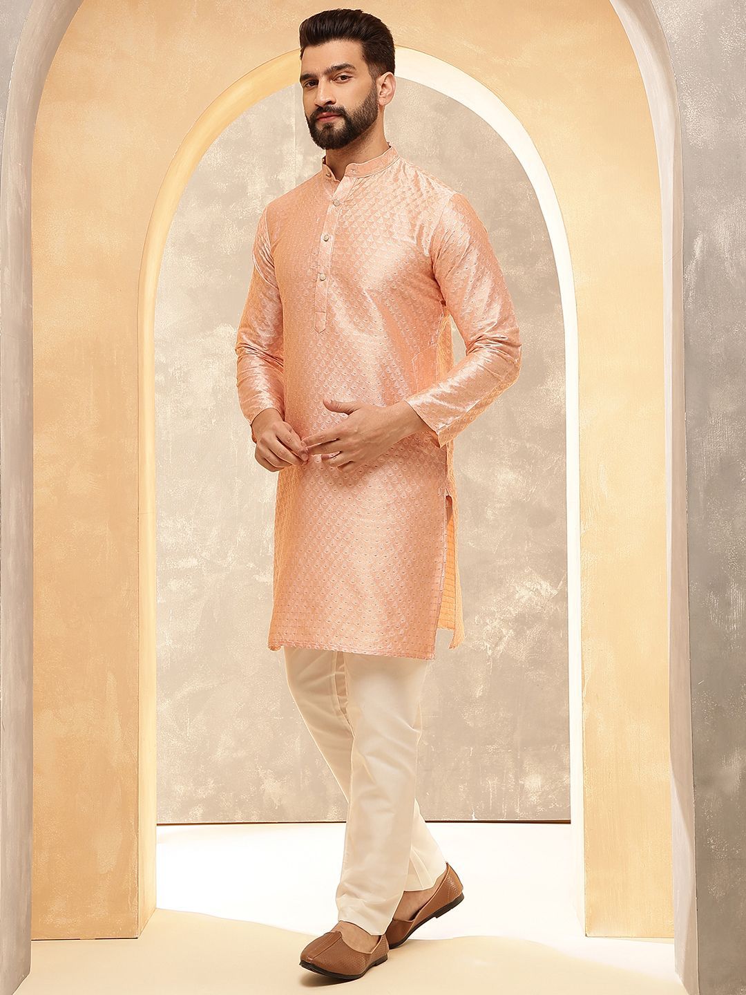 Anouk Pink Ethnic Motifs Woven Design Jacquard Silk Straight Kurta With Trousers