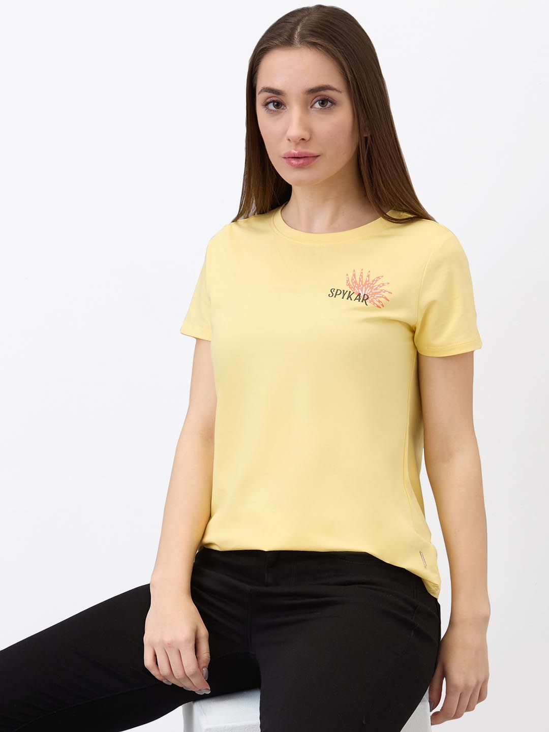 SPYKAR Women Regular Fit Graphic Printed Round Neck Cotton T-shirt