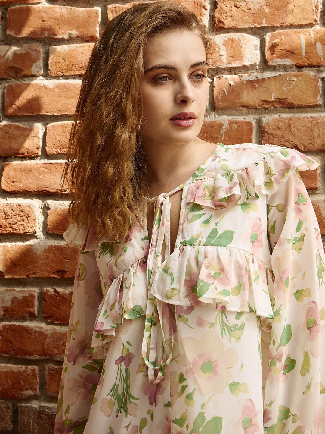 SASSAFRAS Floral Print Bell Sleeve Georgette Mini Dress