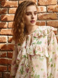 SASSAFRAS Floral Print Bell Sleeve Georgette Mini Dress
