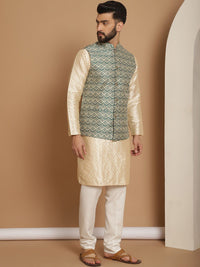 Anouk Beige Etnic Motif Tenunan Rekaan Kurta Lurus Dengan Jaket Churidar & Nehru