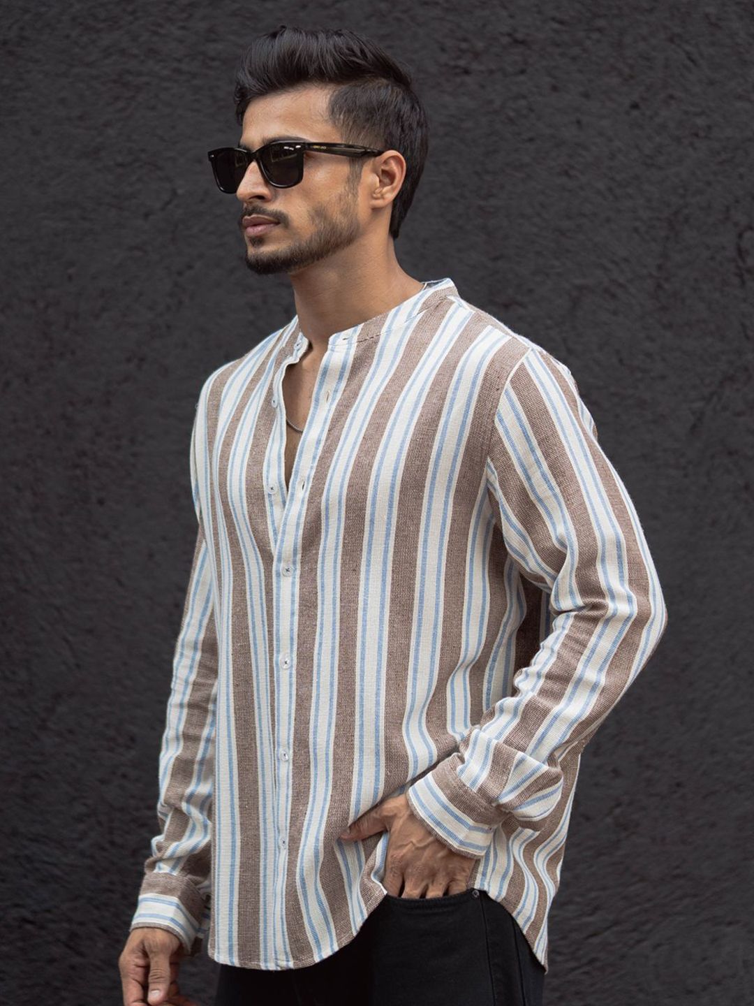 Powerlook Men Band Collar Vertical Striped Cotton Casual Shirt