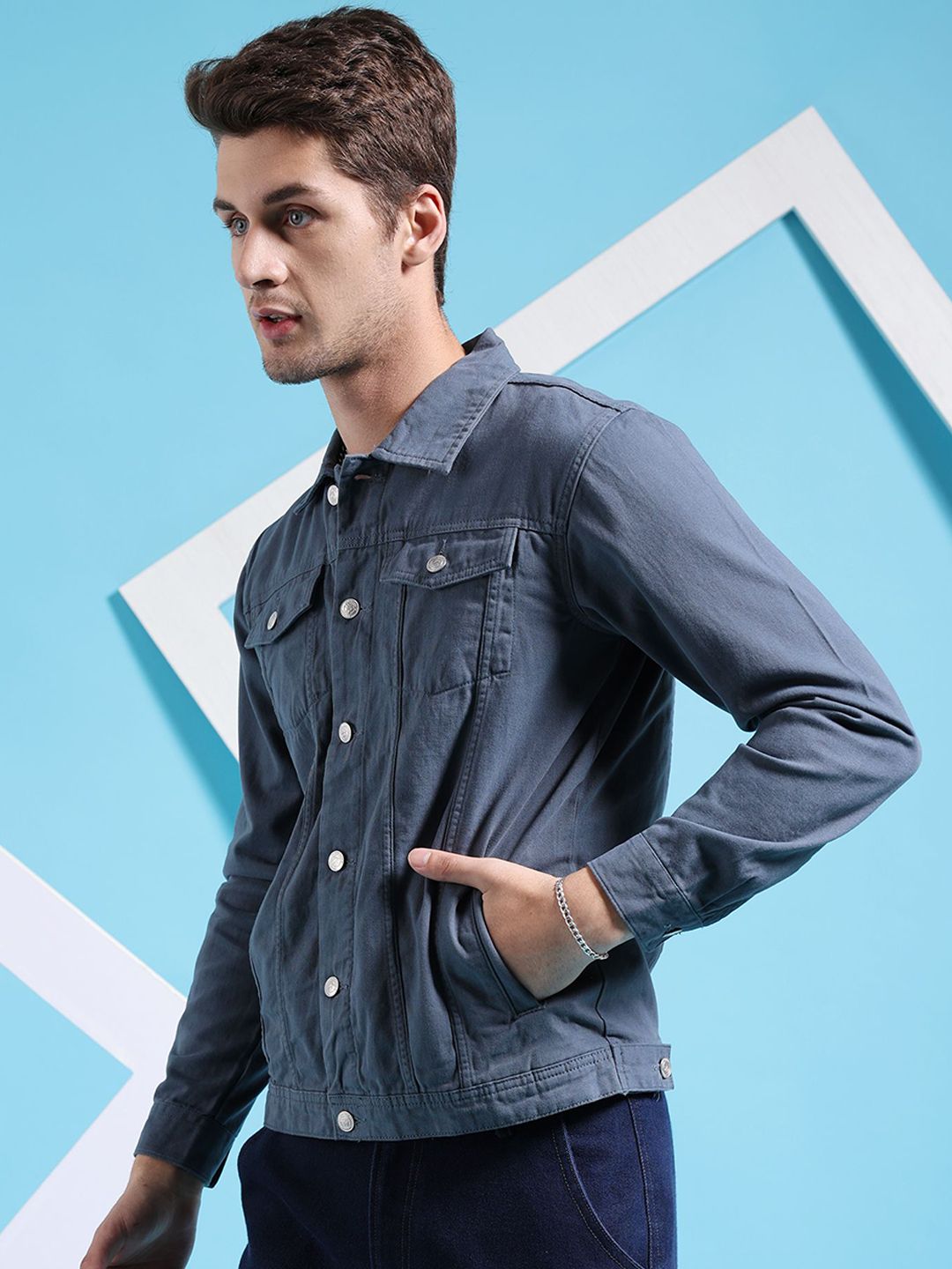 The Indian Garage Co Men Slim Fit Denim Trucker Jacket with Double Flap Pockets