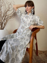 Indo Era Floral Printed Round Neck A-Line Kurta