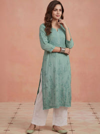 House of Chikankari Solid Green Embroidered Modal Pockets Kurta