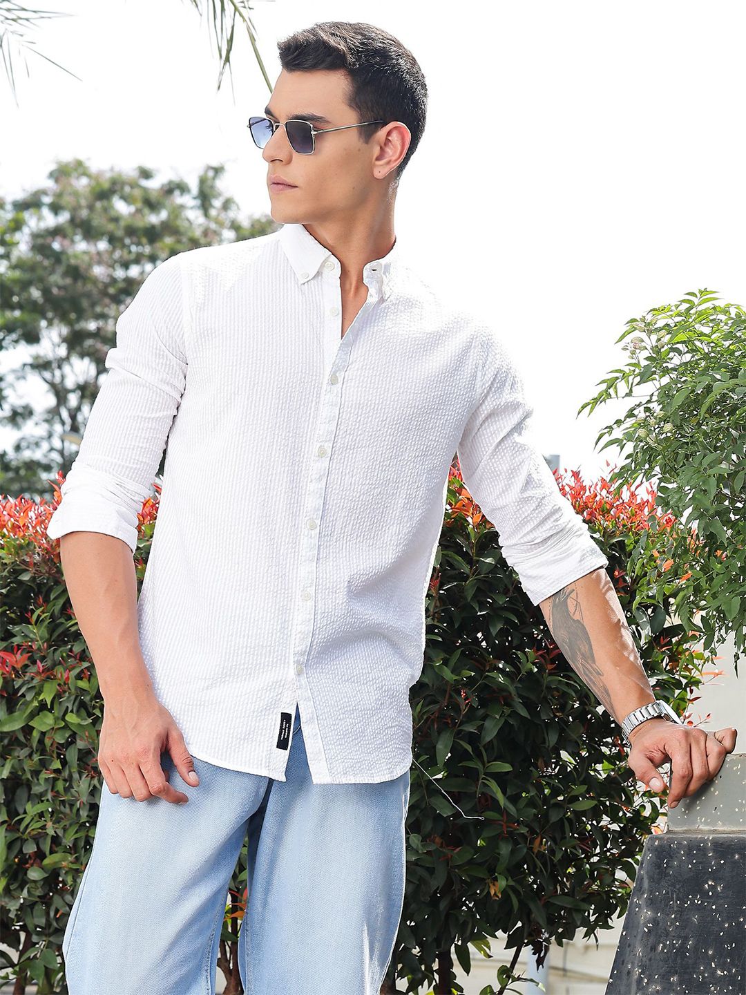 Thomas Scott Premium Seersucker Button-Down Collar Cotton Shirt