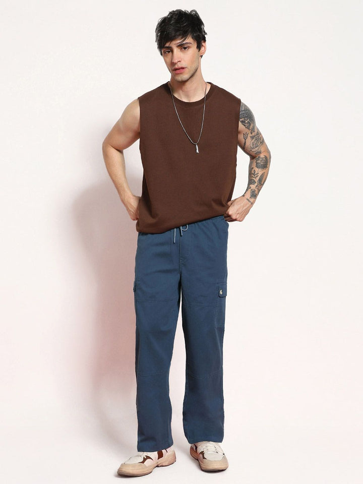 Urbano Fashion Men's Denim Blue Loose Baggy Fit Cargo Jogger