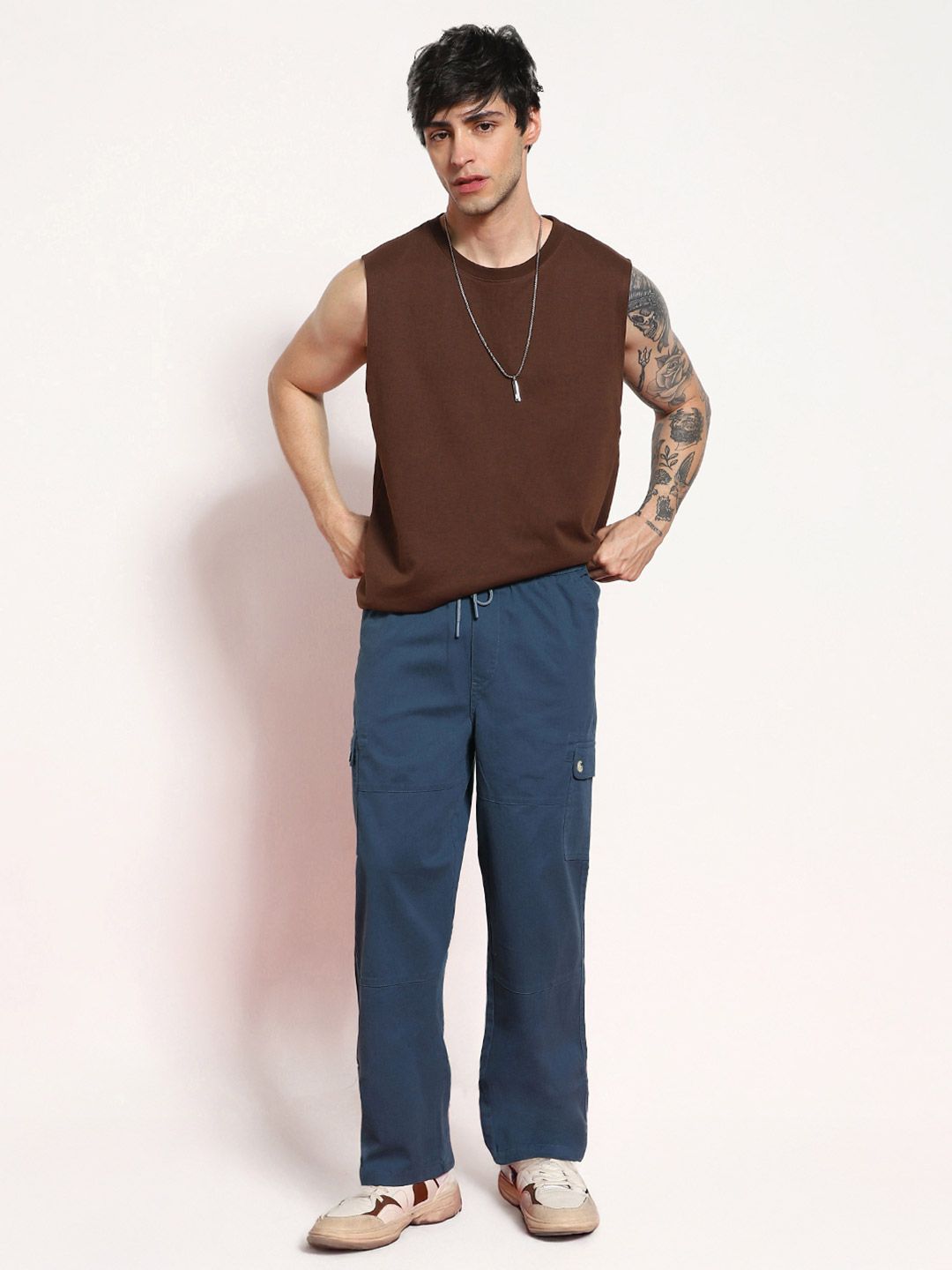 Urbano Fashion Men's Denim Blue Loose Baggy Fit Cargo Jogger