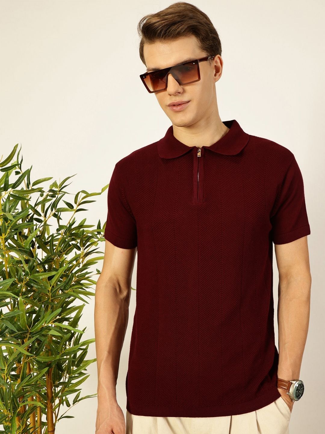 Thomas Scott Men Bio Finish Self Design Polo Collar Cotton T-shirt