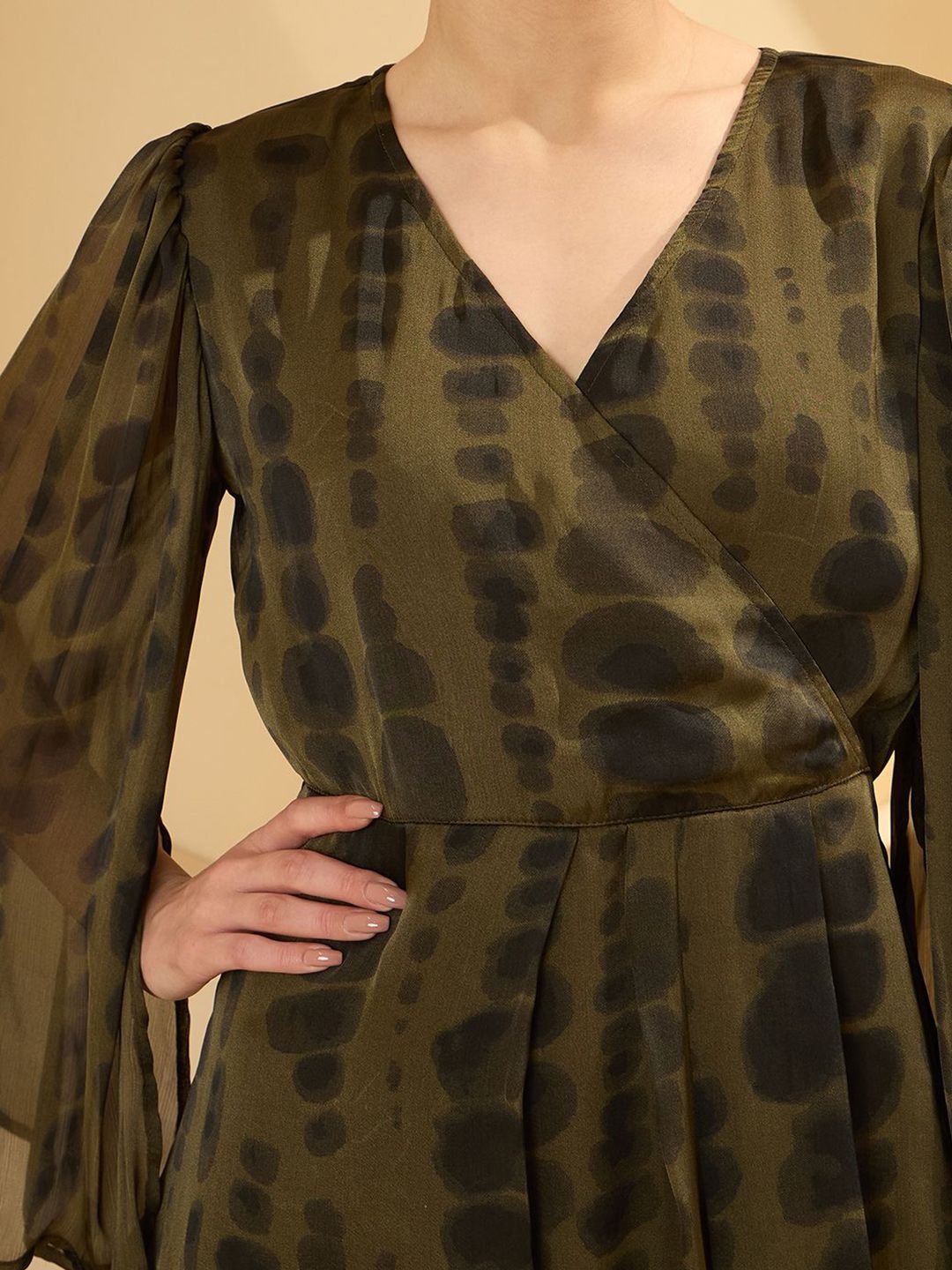 Antheaa Tie & Dye Flared Sleeves Satin Wrap Top with Asymmetric Hem
