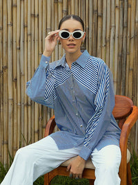 Pink Paprika by SASSAFRAS Women Vertical Striped Cotton Oversized Casual Shirt