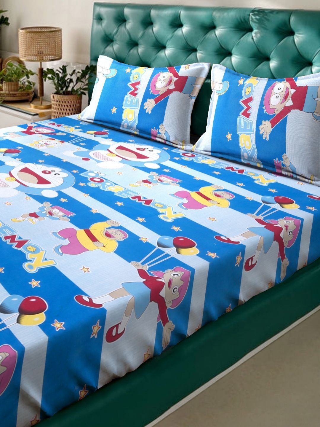 KLOTTHE Blue Cartoon Printed Fitted 400 TC Cotton Bedsheet Set With 2 Pillow Cover