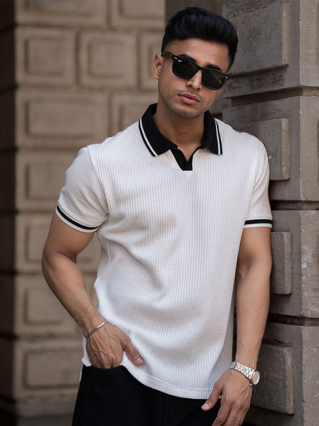 Powerlook Men Self Design Polo Collar Cotton T-shirt