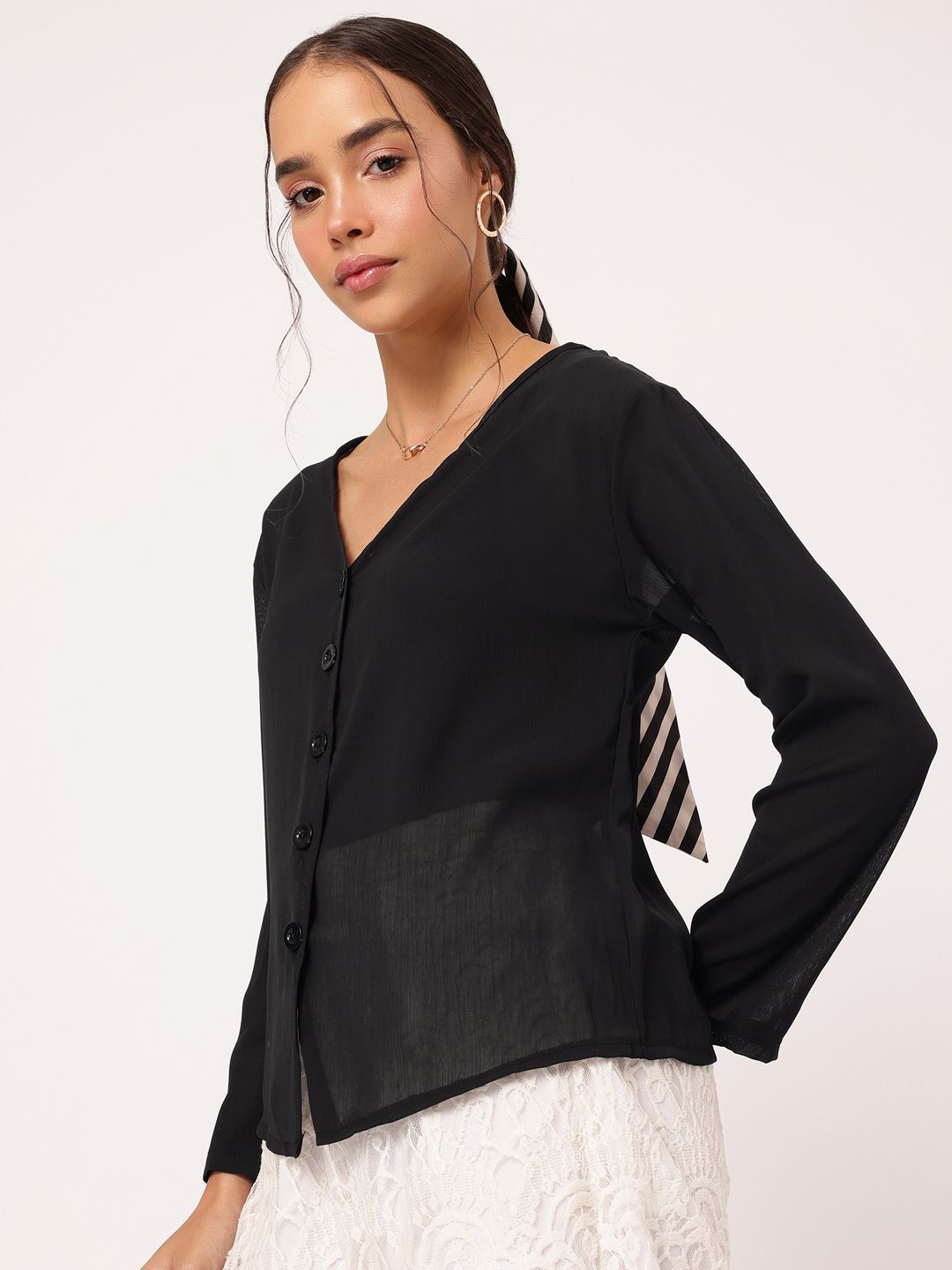 DressBerry Extravagant Ease V-Neck Semi-Sheer Top