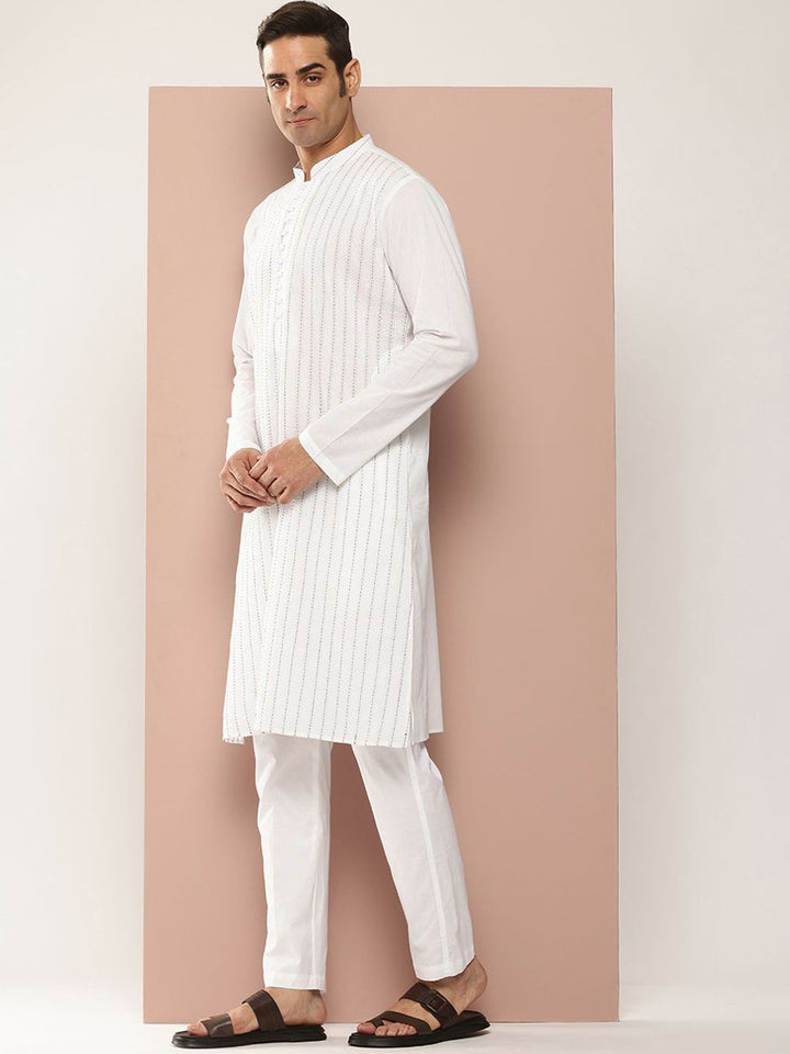 See Designs Mandarin Collar Striped Embroidered Kantha Work Pure Cotton Straight Kurta