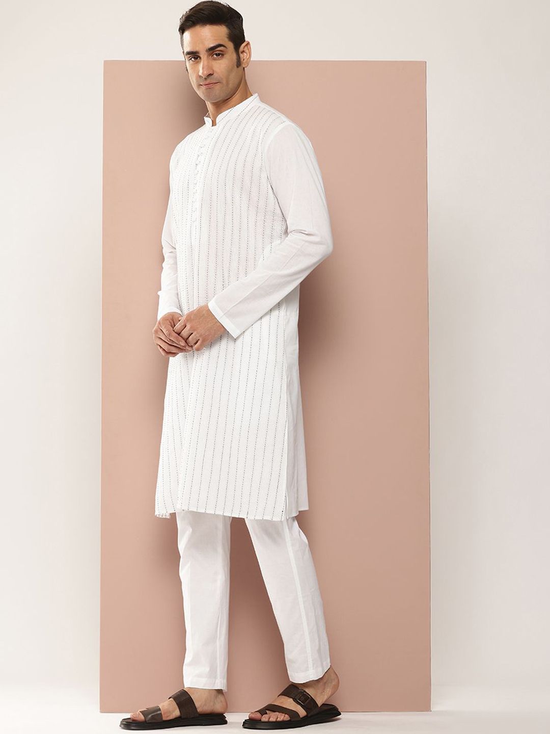 See Designs Mandarin Collar Striped Embroidered Kantha Work Pure Cotton Straight Kurta