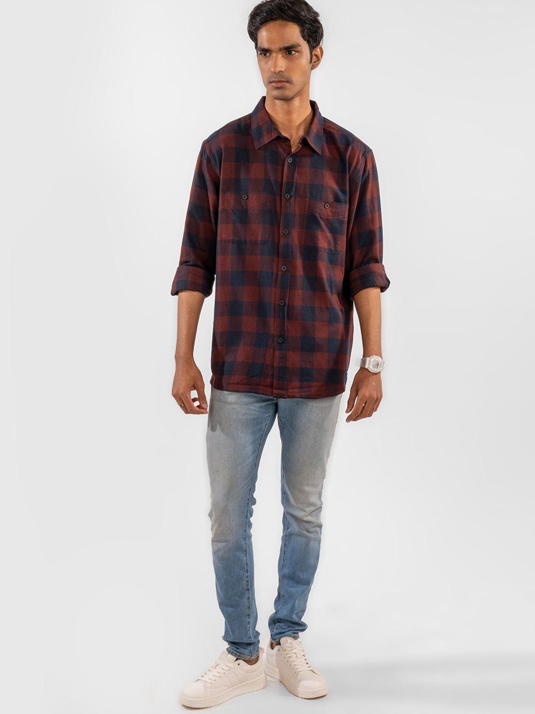 Eszett Men Buffalo Checked Spread Collar Baju Kasual