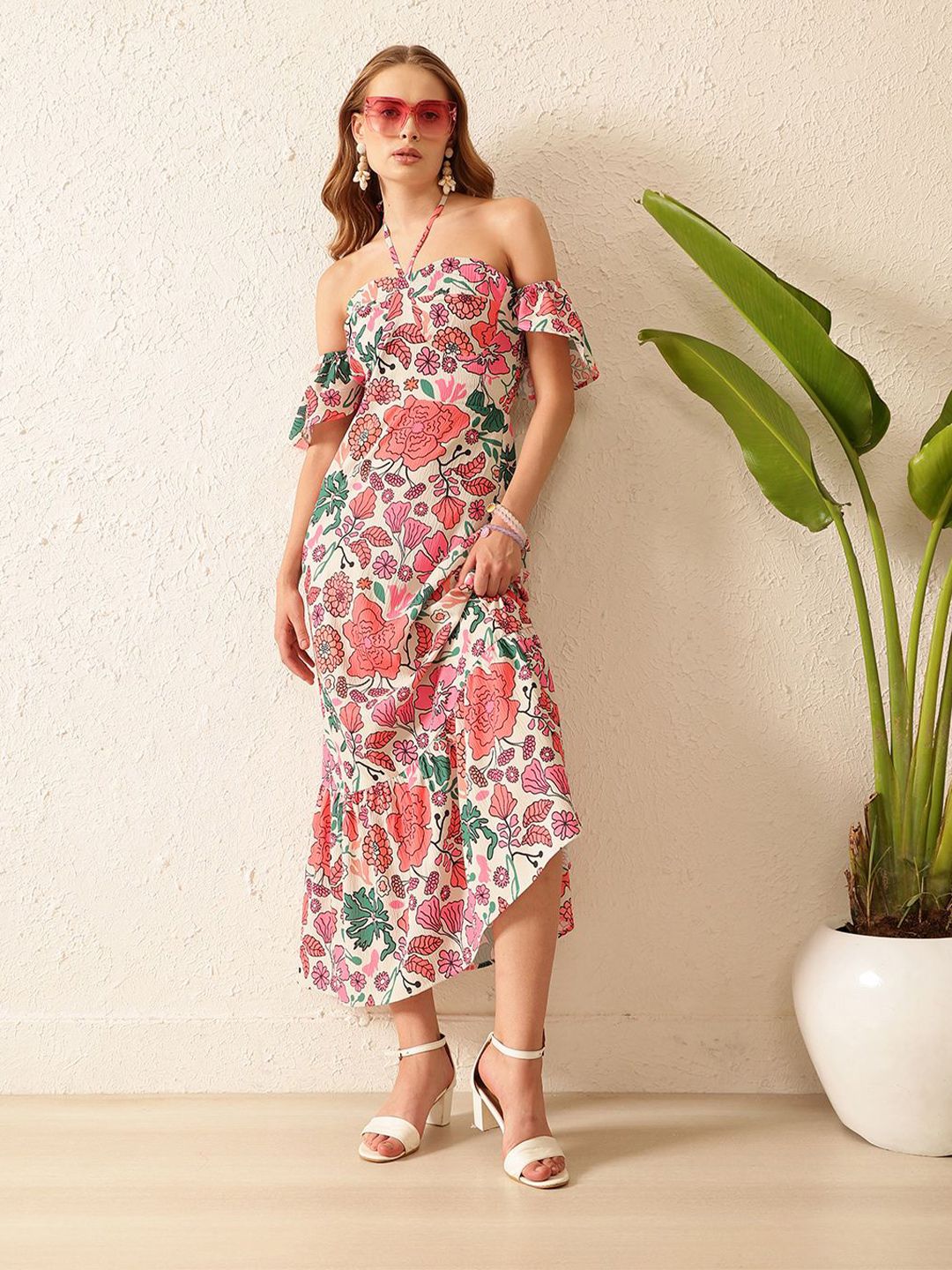 STREET 9 Floral Print Off-Shoulder Crepe A-Line Midi Dress