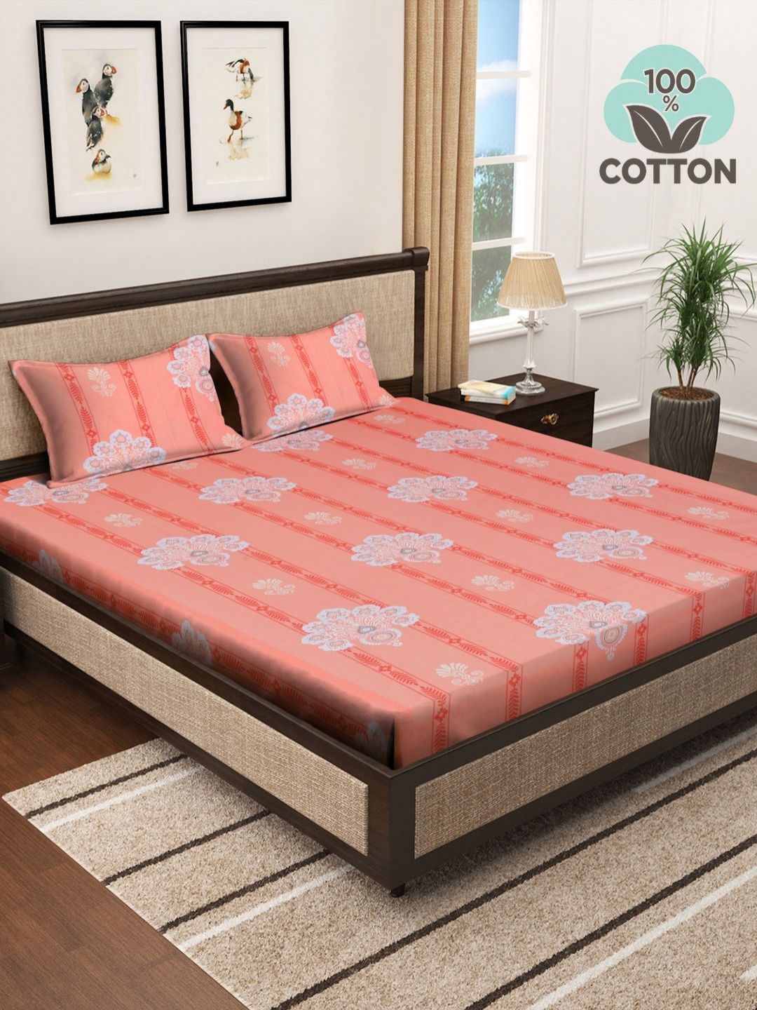 Myntra Elegant Homes Pink Floral Cotton 400 TC King Superfine Bedsheet dengan 2 Sarung Bantal-98 x 89 inci