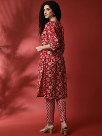 Anouk Floral Printed Round Notch Neck Straight Kurta With Trousers & Dupatta