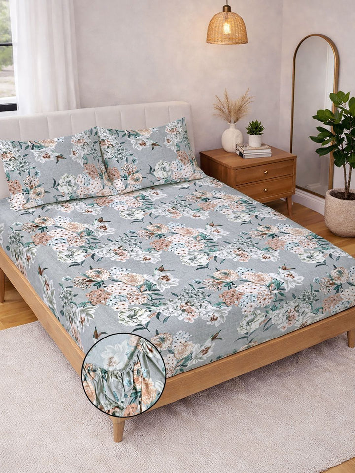 Myntra Elegant Homes Grey & Floral 300 TC King Bedsheet with 2 Pillow Covers