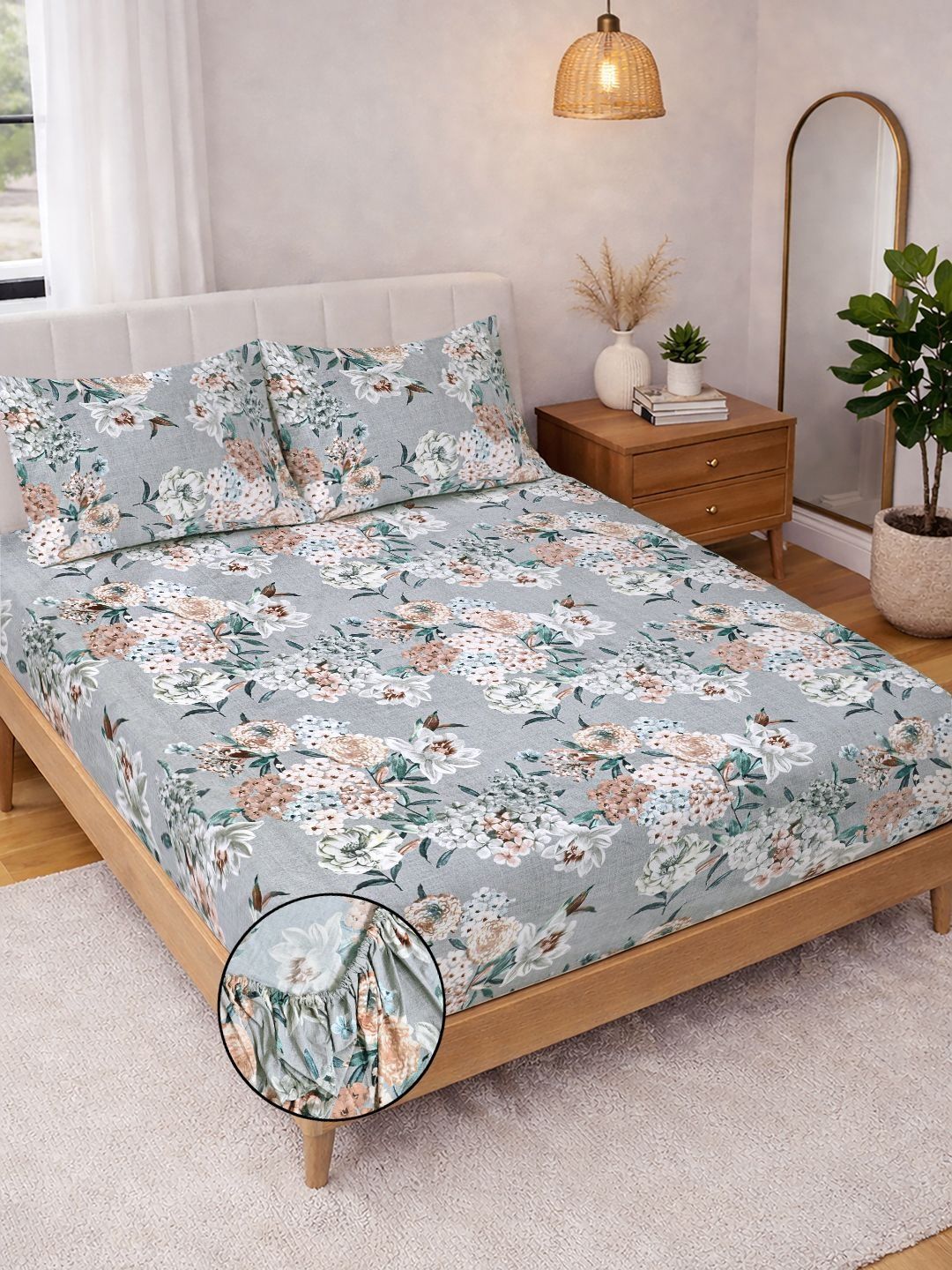 Myntra Elegant Homes Grey & Floral 300 TC King Bedsheet with 2 Pillow Covers
